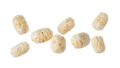 Multiple mini rice snacks hovering on transparent background