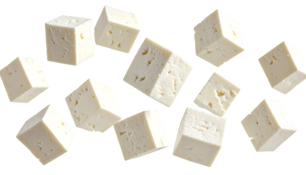 Multiple paneer cheese cubes falling with transparent background