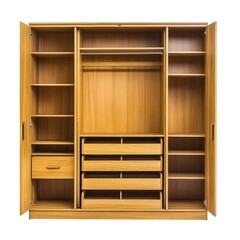 Wooden wardrobe closet open doors isolated on white background