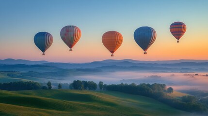 Naklejka premium Sunrise hot air balloons over misty hills