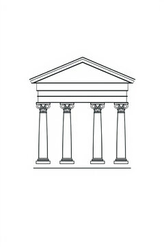 recommend clip art: Simple building with columns line art. White facade drawing with classic architectural design. Tall pillars support roof. Greek or roman style temple illustration.