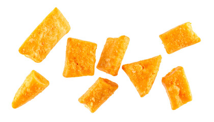 Multiple queso fresco bits falling with realistic texture and natural lighting on transparent background