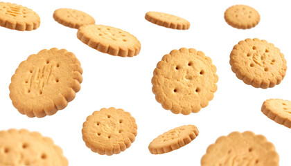 Multiple shortbread cookies falling against transparent background