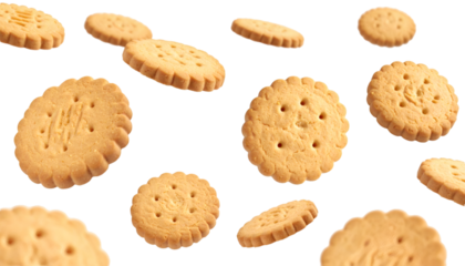 Multiple shortbread cookies falling against transparent background