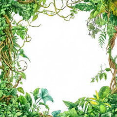 Green jungle frame with plants on white background