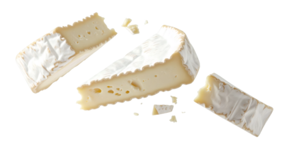 Pieces of brie cheese floating on transparent background
