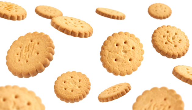 Multiple shortbread cookies falling against transparent background