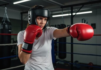 Woman in boxing gear doing fitness exercises at the gym. Professional fighter in ring during training session. Active girl preparing for championship event concept.