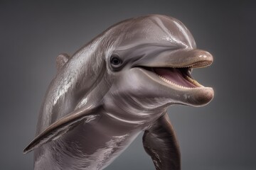 Portrait of a dolphin with a shiny texture and open mouth, depicting its distinctive features. The soft lighting enhances its smooth skin and playful expression