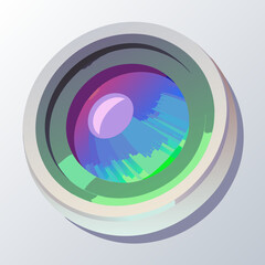 Camera lens icon on a white background, symbolizing photography and visual media.