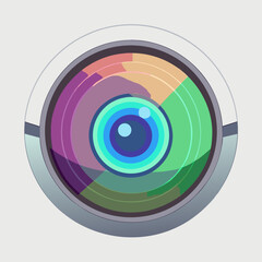 Camera lens icon on a white background, symbolizing photography and visual media.