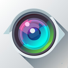 Camera lens icon on a white background, symbolizing photography and visual media.