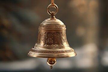 Obraz premium Intricately detailed brass bell with ornate designs, hung by a loop, glows warmly, capturing light beautifully with a soft, out-of-focus background and a rich golden hue