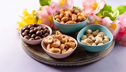 Fototapeta premium bowls of cashews and chocolate covered nuts with pastel flowers