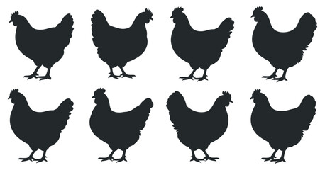 Eight Black Silhouettes of Chickens in Various Poses Farm Animal Graphics