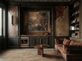 A neoclassical artwork blending traditional elements with modern design, featuring balanced compositions, rich textures, and timeless appeal -
