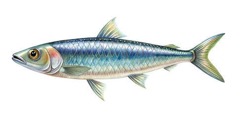 Fototapeta premium Watercolor Illustration of a Sardine Fish with Detailed Scale Pattern, Isolated on transparent