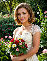 A woman in a garden setting holds a bouquet of flowers. She is wearing a light-colored dress and has her hair styled in soft waves