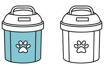 Two pet food containers one colored light blue and one white with black line art