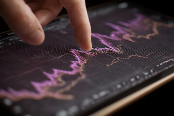 Fototapeta premium Close-up of finger interacting with a tablet screen displaying a pink and beige stock market graph, symbolizing financial analysis, market trends, and technological interaction
