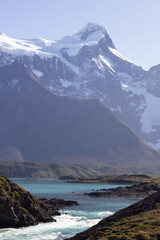 Patagonia, Torres del Paine, Chile. Tourist destination, autumn, April. Snow, mountains, lake, beautiful nature landscape.