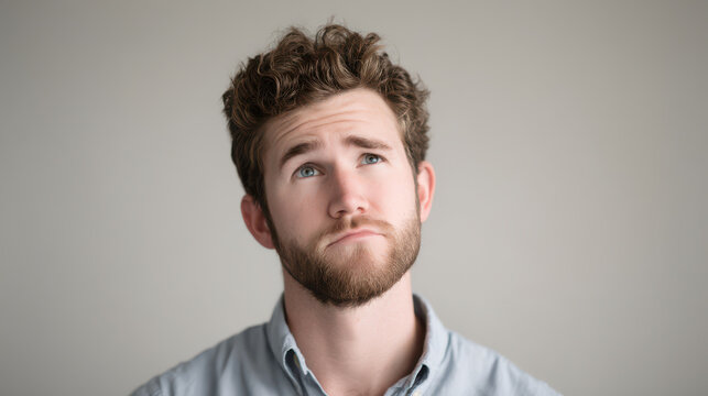 portrait of slacker with sly smile looking sideways on light background with blurred bright colors