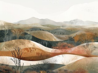 A serene landscape with organic shapes, earthy tones, and natural textures, highlighting sustainability and connection to nature 