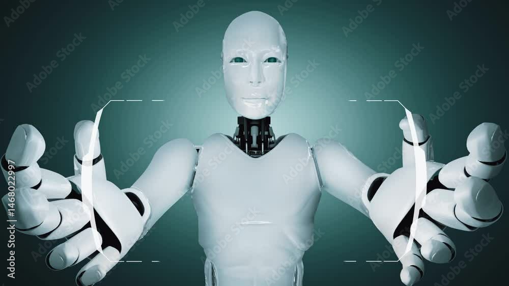 Poster ai hominoid robot holding virtual hologram screen showing concept of ai brain and artificial intelli