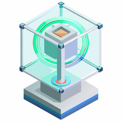 A cube with a glowing blue light emanating from its center, set against a neutral background.