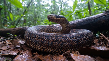 Massive anaconda coiling around fallen tree dense jungle body perfectly aligned spiral formation image captured wide angle lens showcasing full majesty power of snake size sunlight filtering through