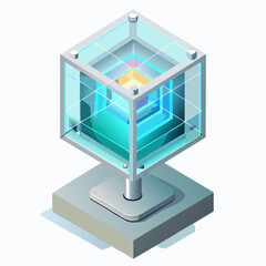 A cube with a glowing blue light emanating from its center, set against a neutral background.