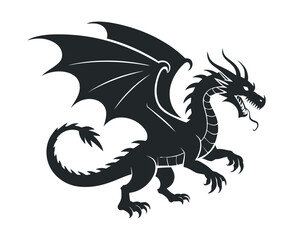 Naklejka premium Powerful Black Silhouette of a Dragon with Spread Wings and Sharp Claws