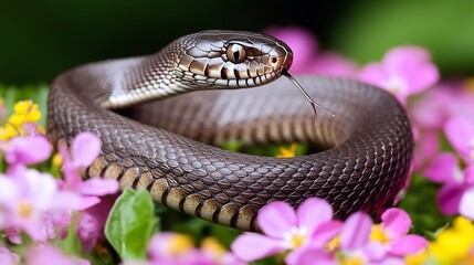 Obraz premium Snake camouflaged against patch of vibrant wildflower scale blending seamlessly surrounding color Captured 105mm macro lens high aperture f8 snake subtle movement highlighted crisp detail while