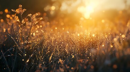 Golden hour meadow dew drops