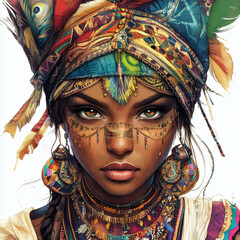 Obraz premium Striking portrait of a woman featuring elaborate cultural headwear and intricate face adornments.