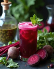 Vibrant beet juice cocktail with deep crimson hue and frothy texture. Fresh beets greens mint leaf. Healthy natural beverage with ice, served in elegant glass.