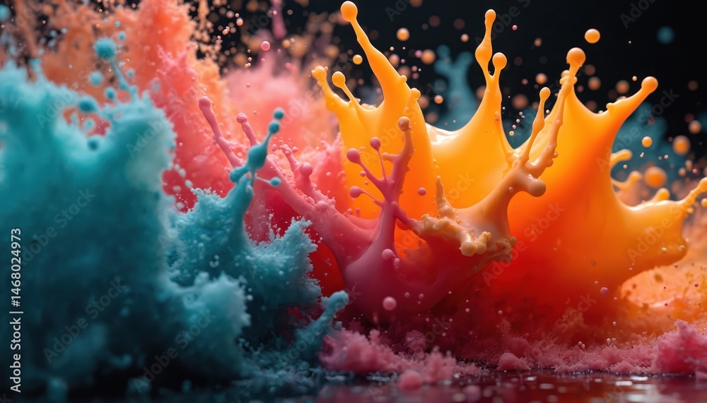 Poster Abstract paint splashes in dynamic display. Vivid colorful liquid art explosion, fluid motion. Artistic design for vibrant advertising campaigns, backgrounds. Paint splash, creative ink artwork,