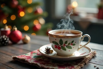 Fototapeta premium Cozy Christmas teacup, steaming beverage, festive decor, cozy, gold, garland