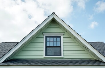 Top of house with window against the blue sky. Green walls and white trim. House construction. Property investment. Home ownership. Residential real estate. Roof with shingles.