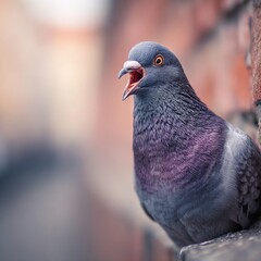 Fototapeta premium Close-up view of a pigeon vocalizing against a brick wall.