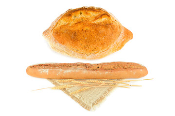 Bread, baguette, ciabatta and buns isolated on white background.