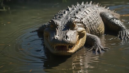 Fototapeta premium Scaly crocodile, menacing grin, sharp teeth visible, lurking in murky water, sunlit ripple , lurking, crocodile, teeth