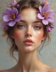 Naklejka premium Portrait of woman with purple flower bouquet. Art girl face oil or acrylic painting. Natural beauty, health, makeup concept. Background for design poster, greeting card, banner, flyer.