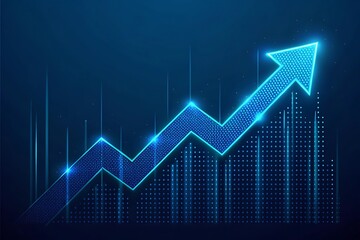 Glowing blue arrow illustrates upward growth and financial success within digital concepts