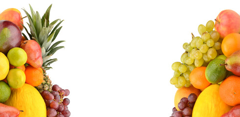 ripe fruits isolated on white background. Collage. Free space for text. Wide photo.