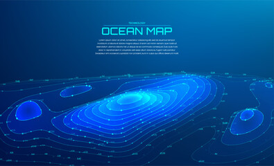 3d ocean map nautical sea chart line background pattern. Radar sonar digital marine depth grid topology GPS 3D wireframe submarine. Scientific bathymetry oceanography elevation data analysis.