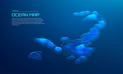 3d ocean map featuring illuminated digital sea contour lines and topographic depth data on a blue gradient background for marine and geospatial visualization