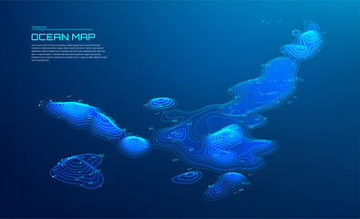 3d ocean map with glowing digital contour lines and depth readings on dark blue gradient background for marine data visualization © RDVector