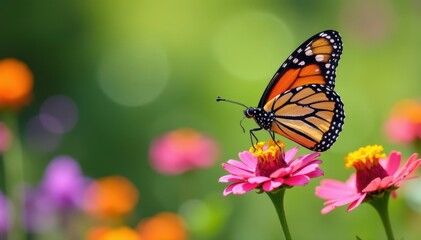 Naklejka premium A monarch butterfly rests on vibrant wildflowers , spring, close-up, wing