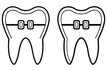 Two outline teeth are shown with braces attached to them on white